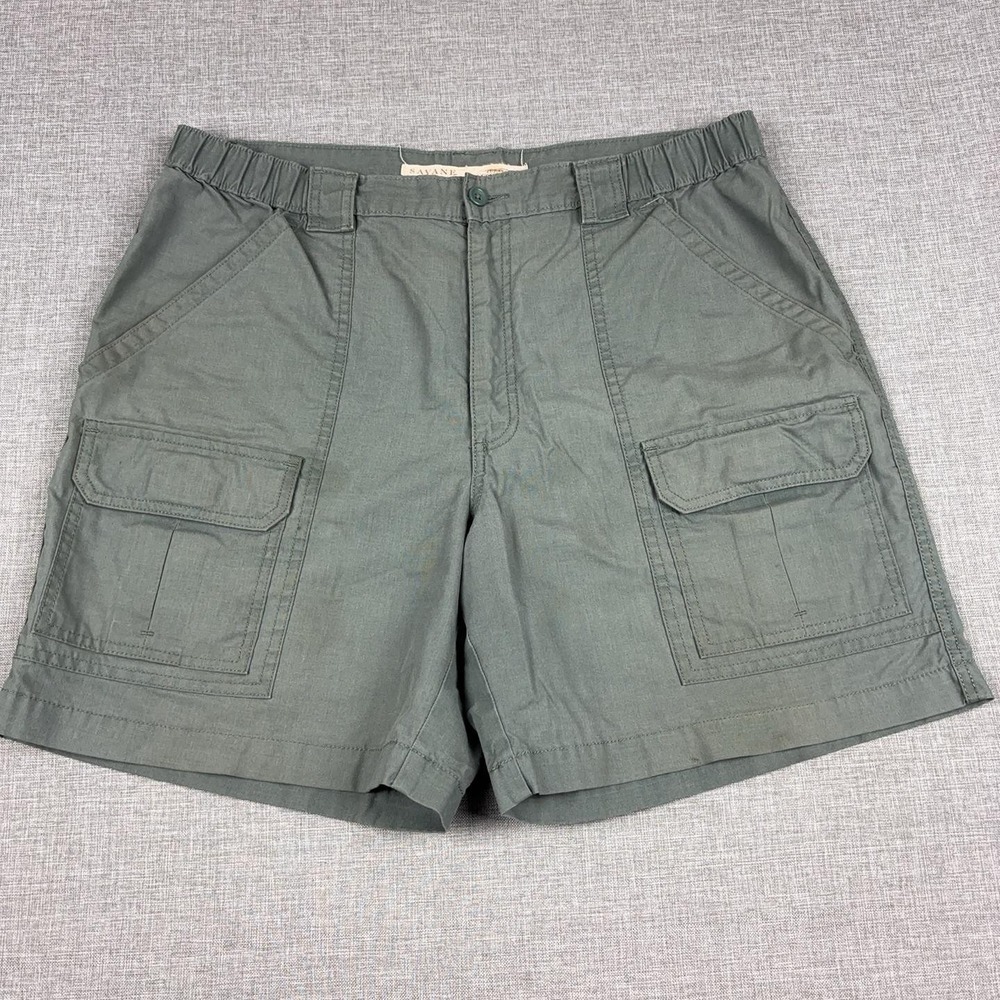 Savane Cargo Shorts Mens 36 Green Canvas Elastic Waist 8 Inseam Outdoor Casual